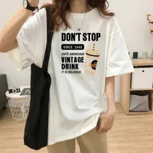 LVSANW Summer Coffee Letter Pattern Printed T-shirt White Simple and Versatile Fashion Casual Short Sleeved Trendy Women's Top