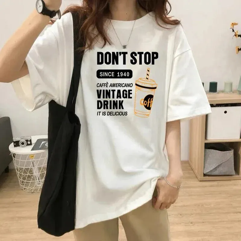 LVSANW Summer Coffee Letter Pattern Printed T-shirt White Simple and Versatile Fashion Casual Short Sleeved Trendy Women's Top