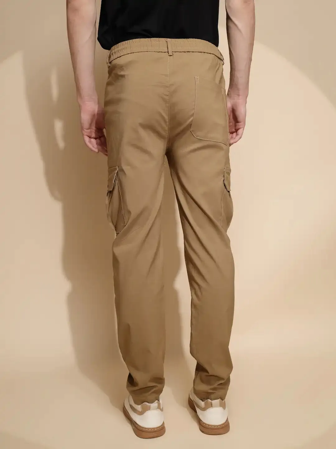 Men Brown Solid Polyester Blend Mid Rise Cargo Pant