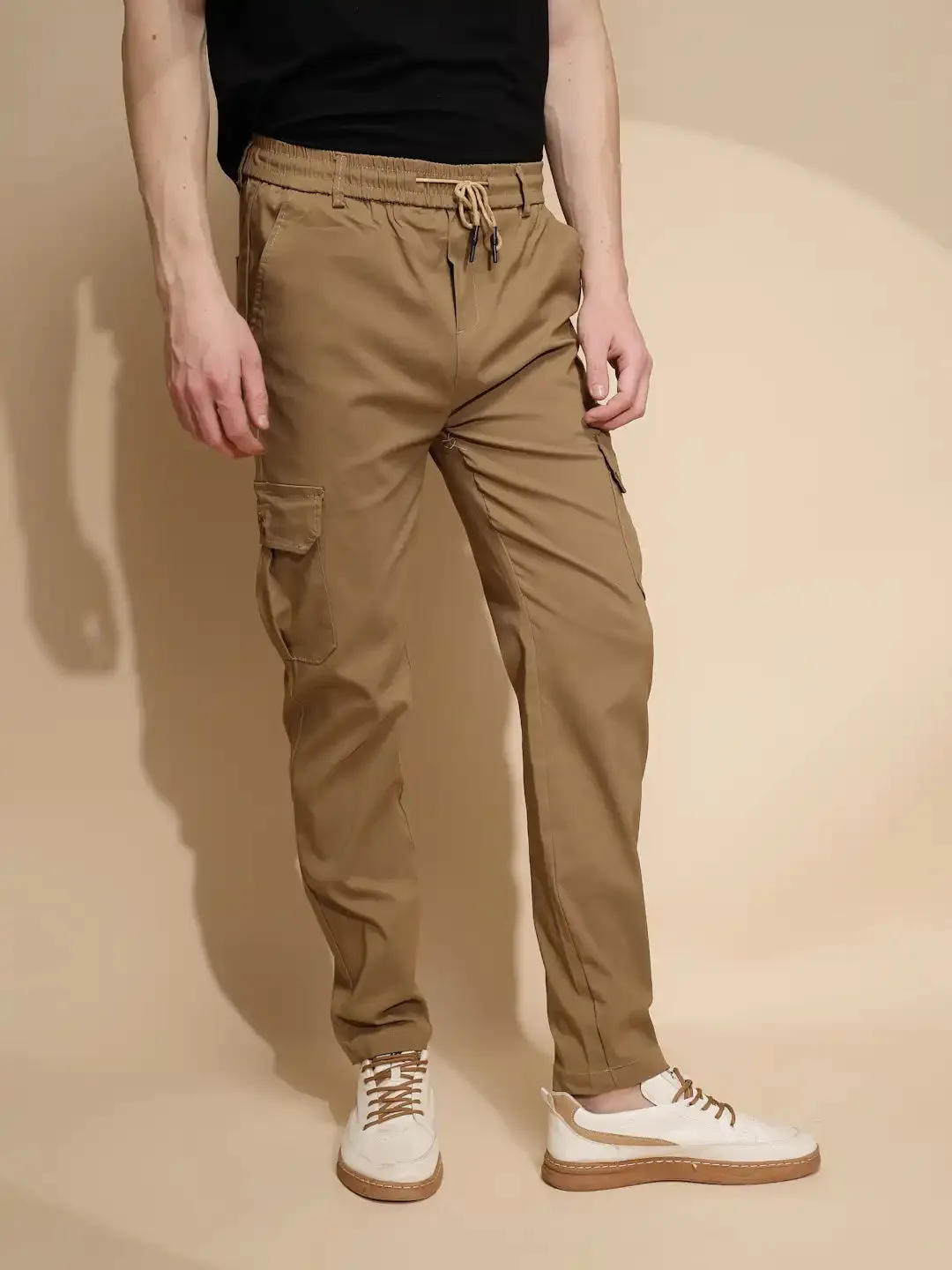 Men Brown Solid Polyester Blend Mid Rise Cargo Pant