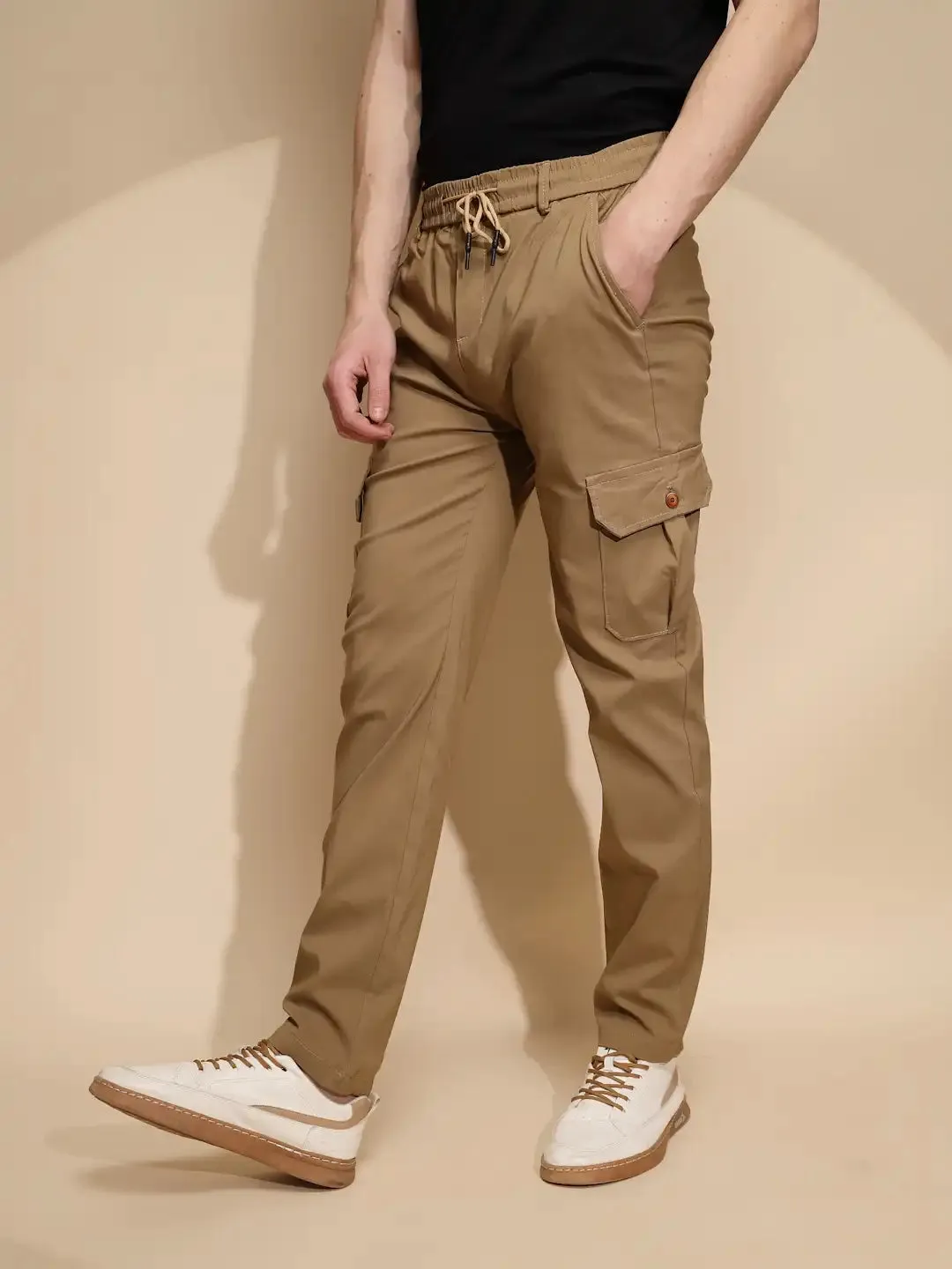 Men Brown Solid Polyester Blend Mid Rise Cargo Pant