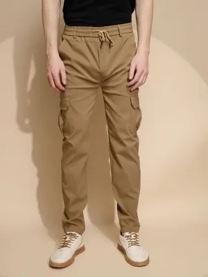 Men Brown Solid Polyester Blend Mid Rise Cargo Pant