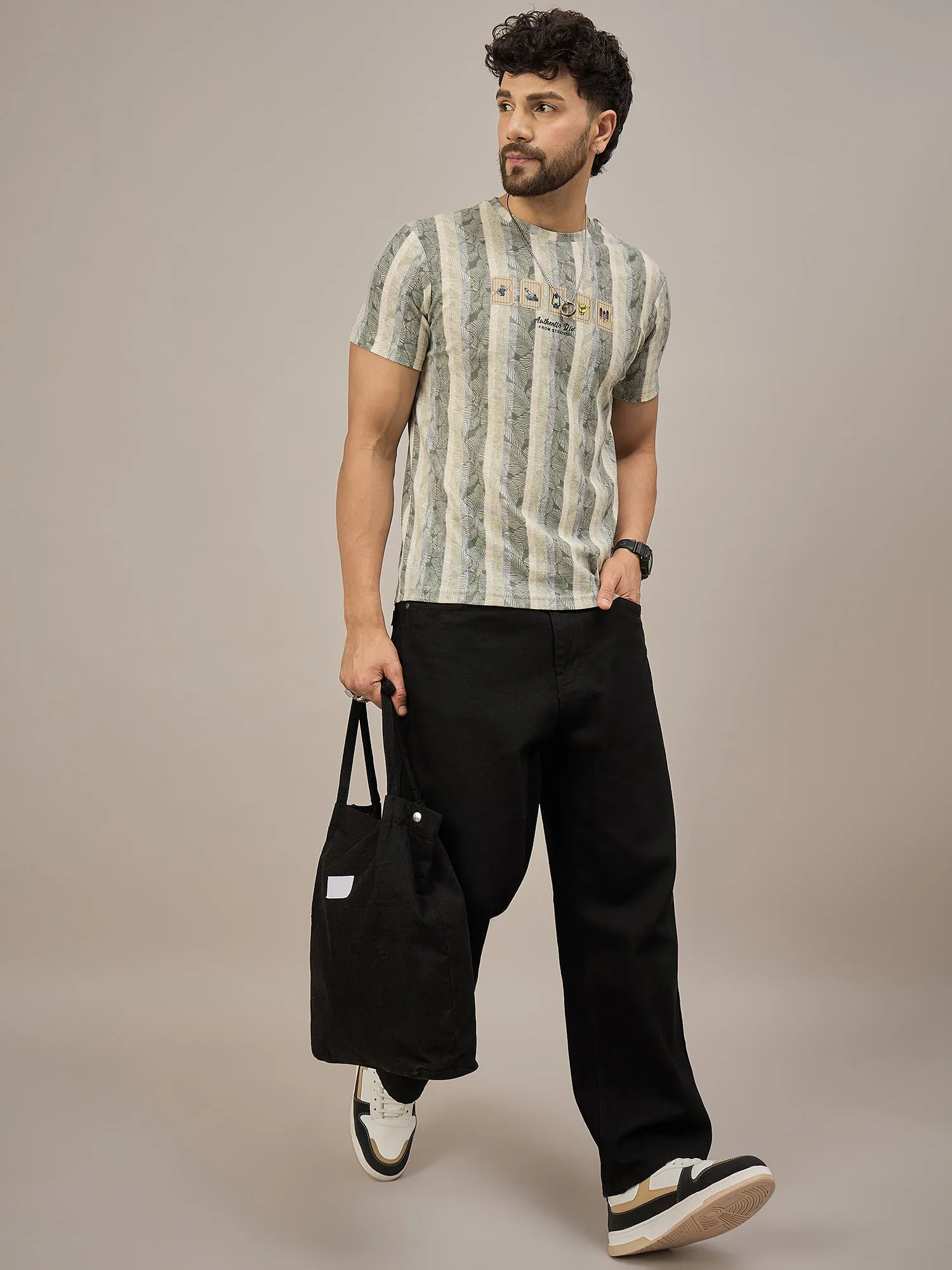 Men Striped T-shirt Green & Light Blue