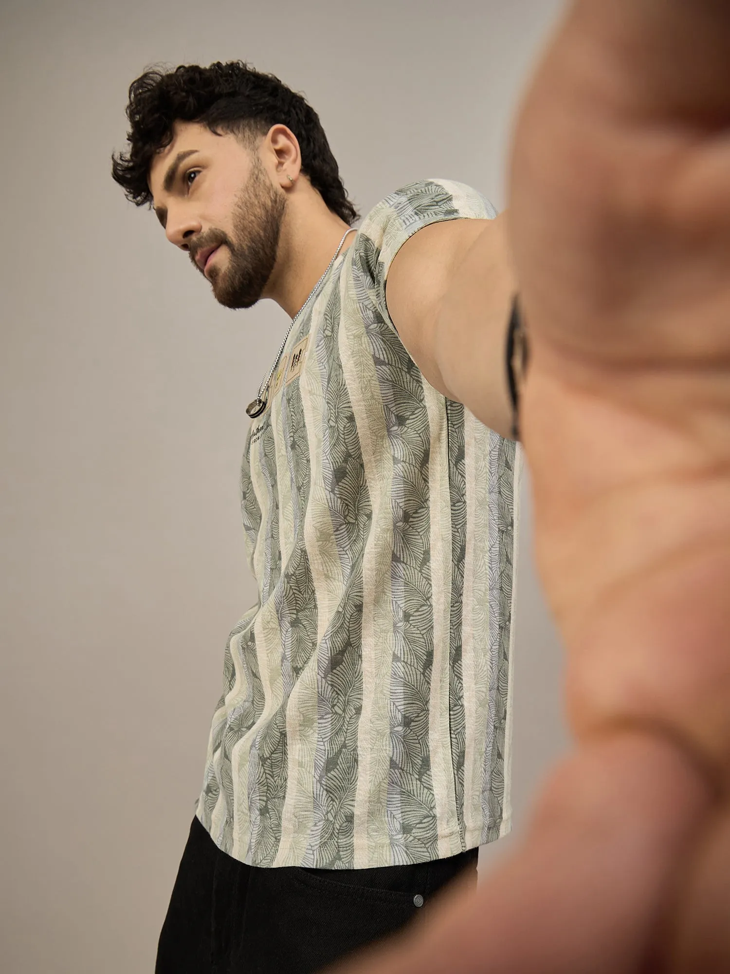 Men Striped T-shirt Green & Light Blue