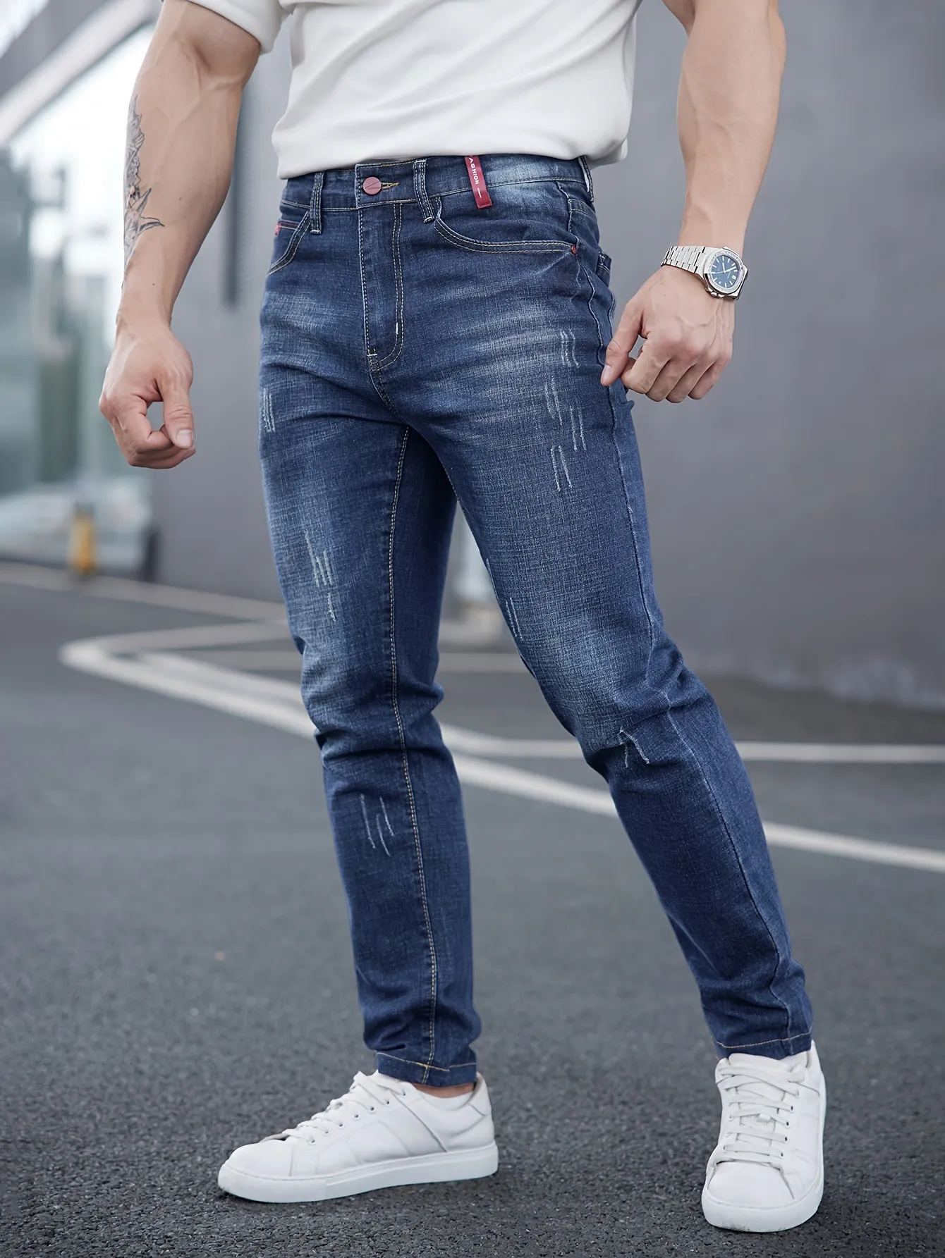 Men's All-Season Skinny Jeans - Comfortable Stretch Cotton, Easy Care, Versatile Style with Washed Detail