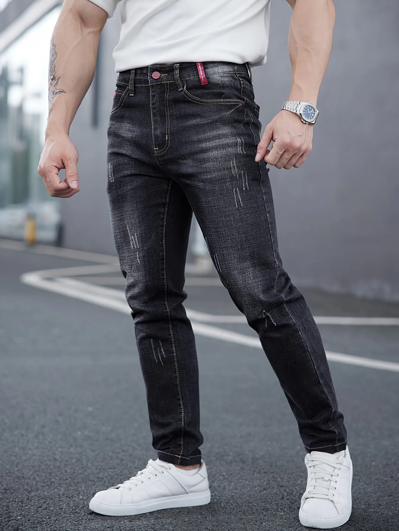 Men's All-Season Skinny Jeans - Comfortable Stretch Cotton, Easy Care, Versatile Style with Washed Detail
