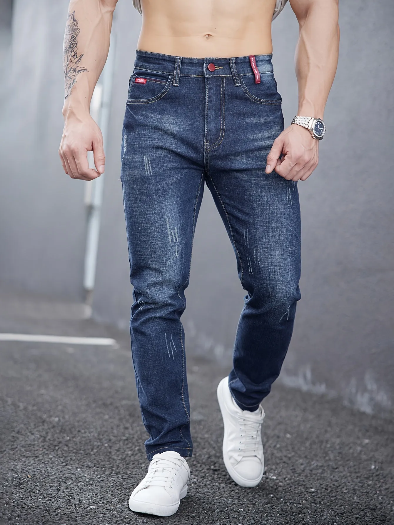Men's All-Season Skinny Jeans - Comfortable Stretch Cotton, Easy Care, Versatile Style with Washed Detail