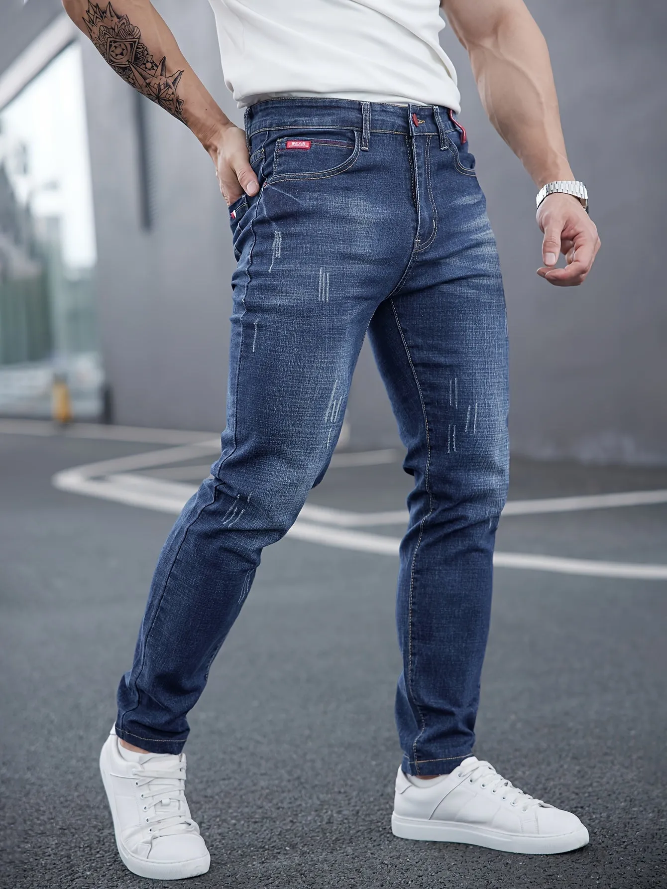 Men's All-Season Skinny Jeans - Comfortable Stretch Cotton, Easy Care, Versatile Style with Washed Detail