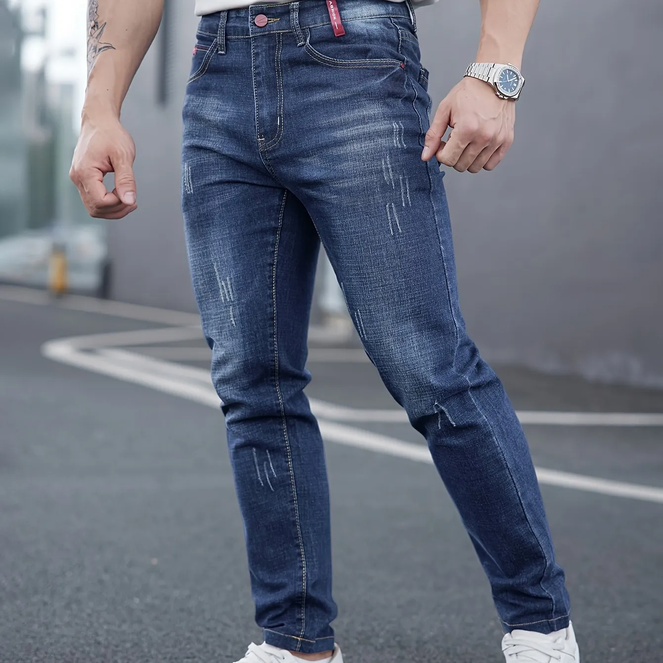 Men's All-Season Skinny Jeans - Comfortable Stretch Cotton, Easy Care, Versatile Style with Washed Detail