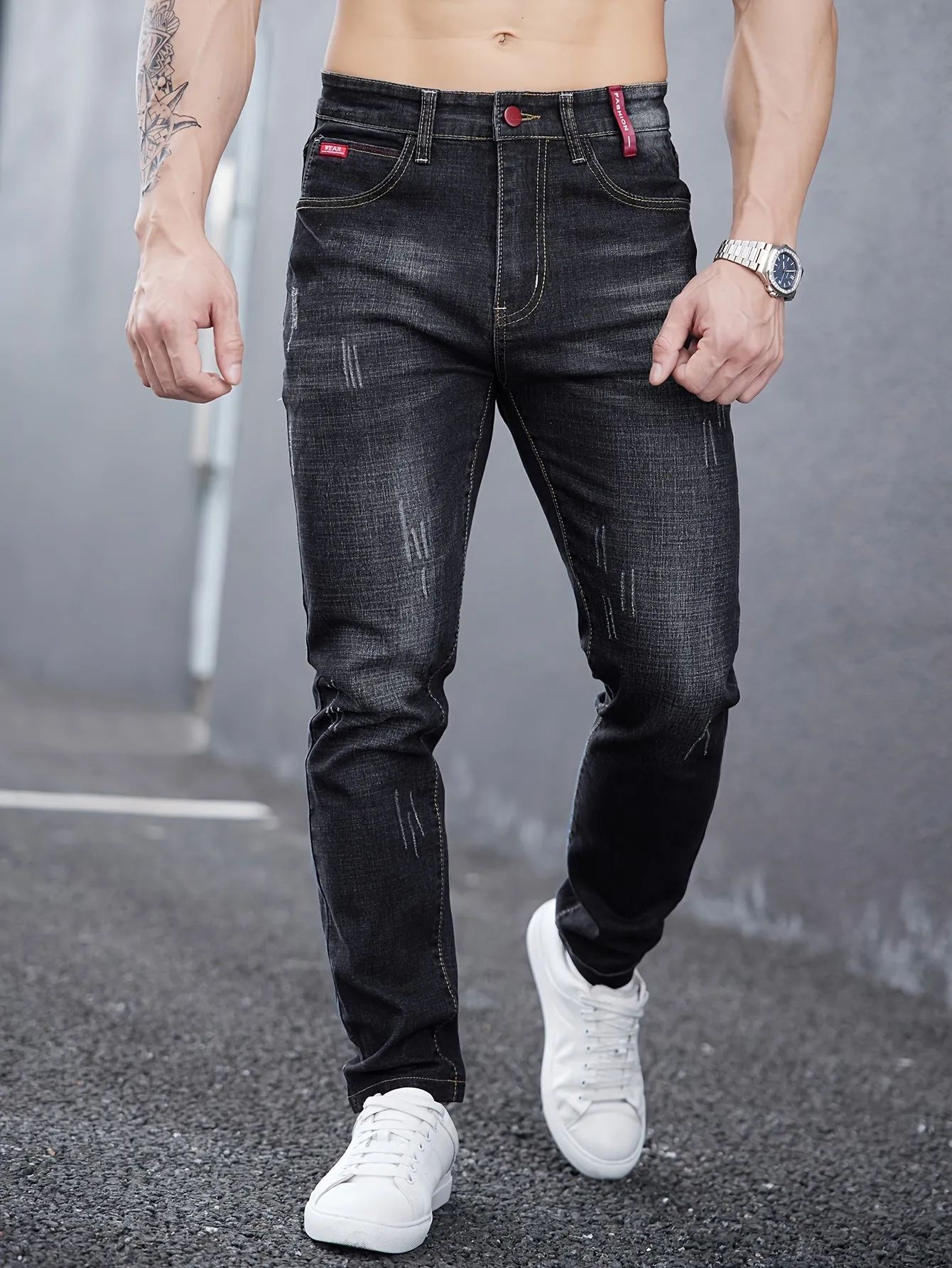 Men's All-Season Skinny Jeans - Comfortable Stretch Cotton, Easy Care, Versatile Style with Washed Detail