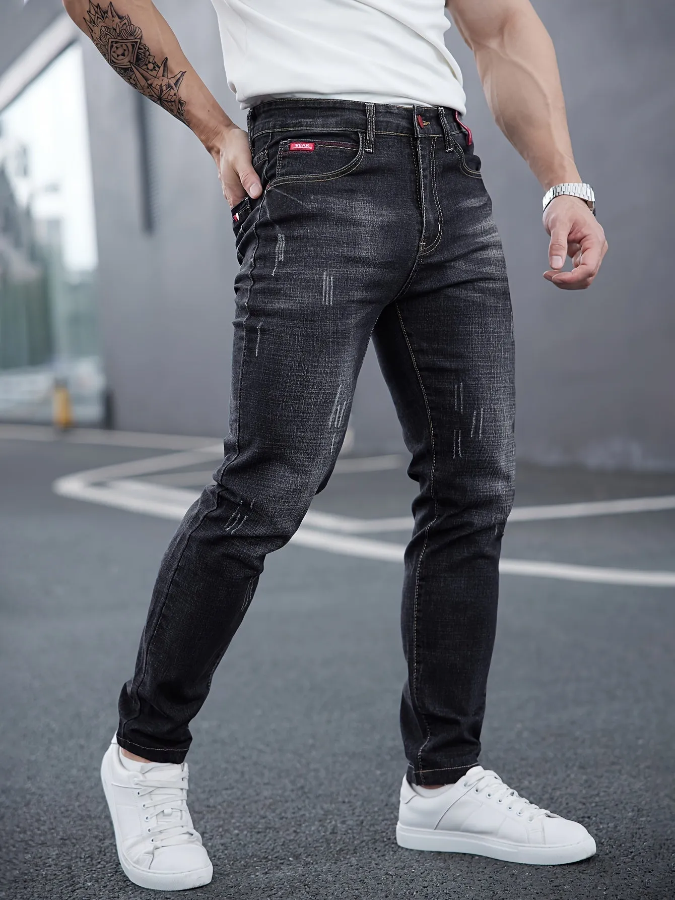 Men's All-Season Skinny Jeans - Comfortable Stretch Cotton, Easy Care, Versatile Style with Washed Detail