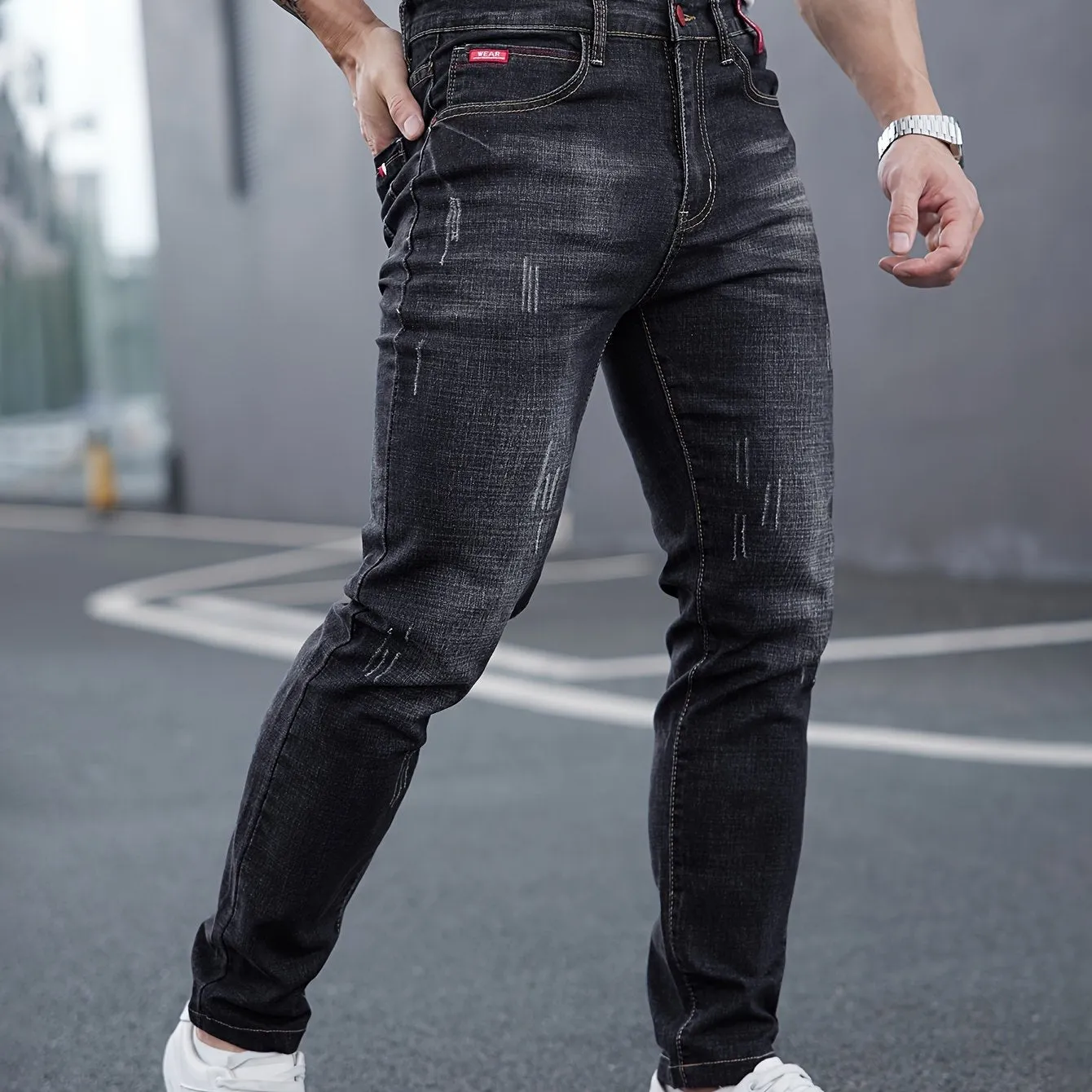 Men's All-Season Skinny Jeans - Comfortable Stretch Cotton, Easy Care, Versatile Style with Washed Detail