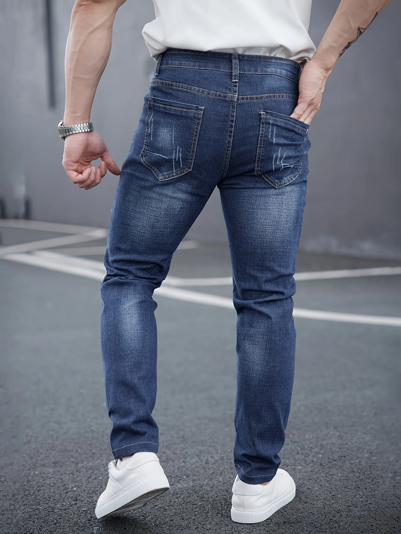 Men's All-Season Skinny Jeans - Comfortable Stretch Cotton, Easy Care, Versatile Style with Washed Detail