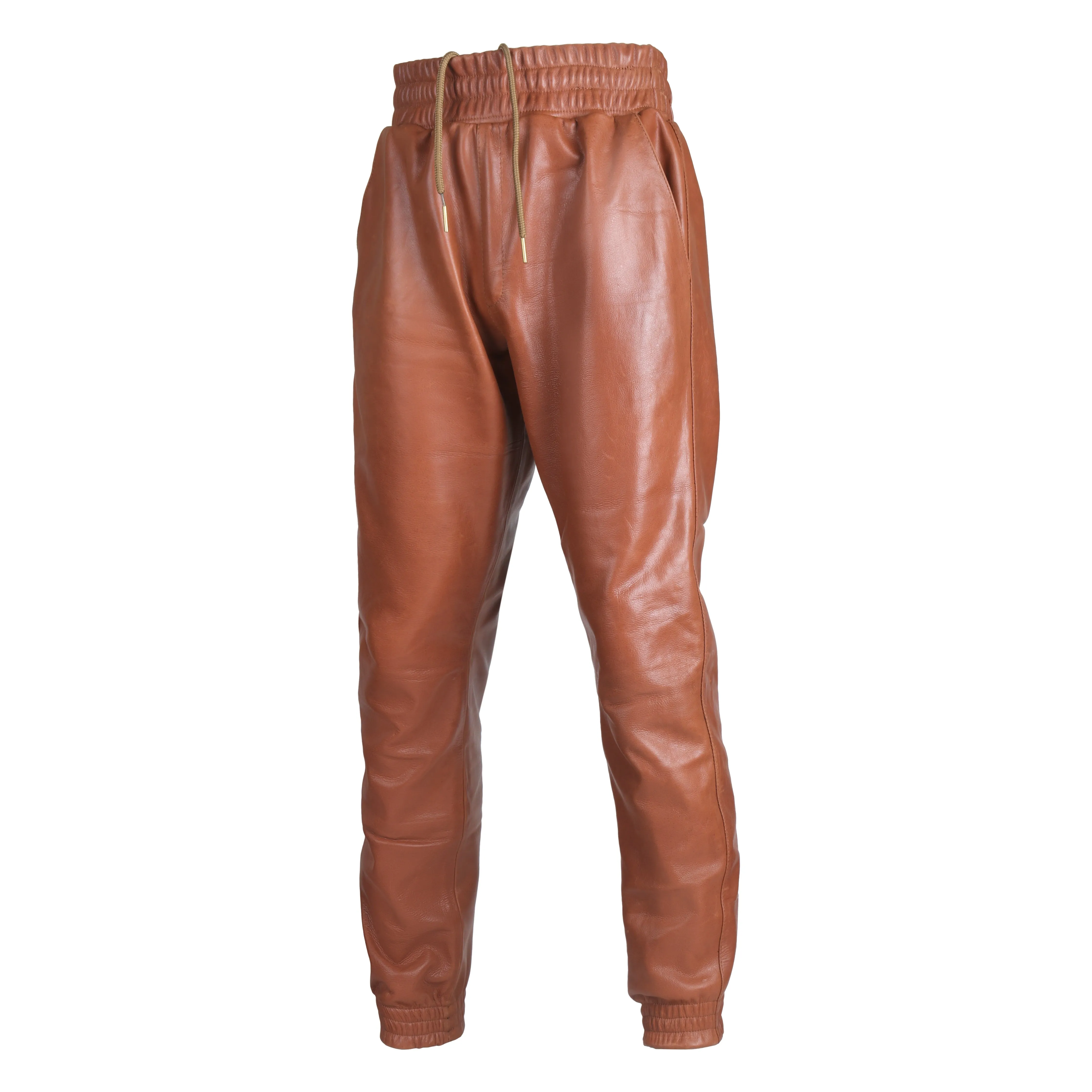 Men's Dark Brown Leather Pants with Rib Knit Ankles - Stylish & Comfortable