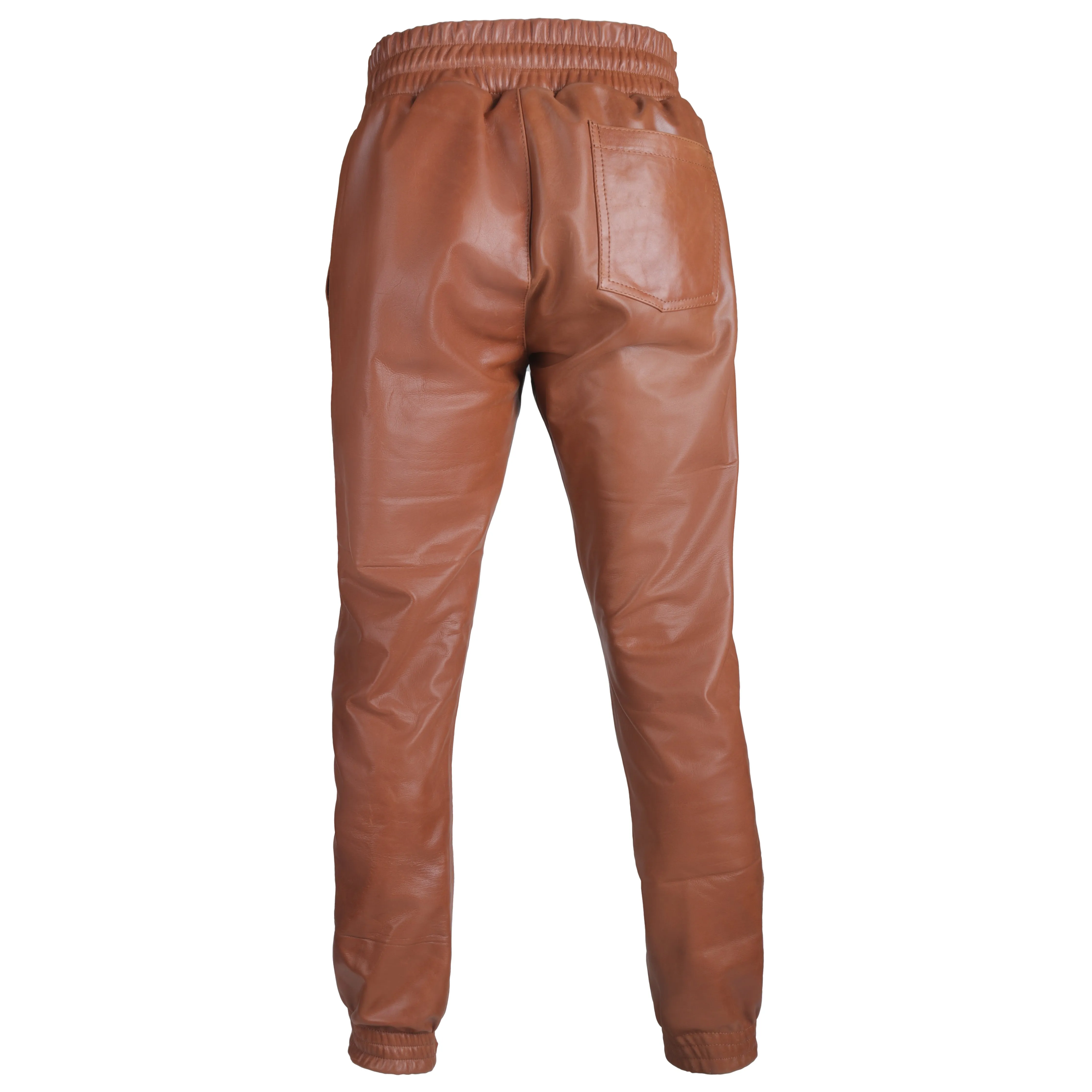 Men's Dark Brown Leather Pants with Rib Knit Ankles - Stylish & Comfortable