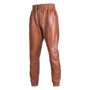 Men's Dark Brown Leather Pants with Rib Knit Ankles - Stylish & Comfortable