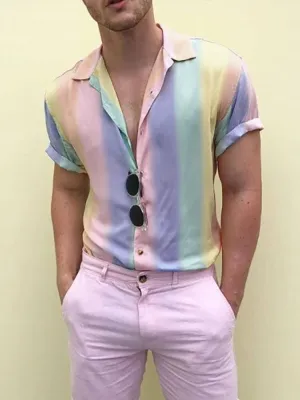 Men's Rainbow Striped Print Short-sleeved Shirts SKUH08233