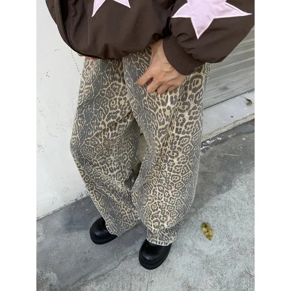 MQTIME  -  American retro jeans 2024 new camouflage leopard print jeans for men and women loose straight and versatile casual trousers