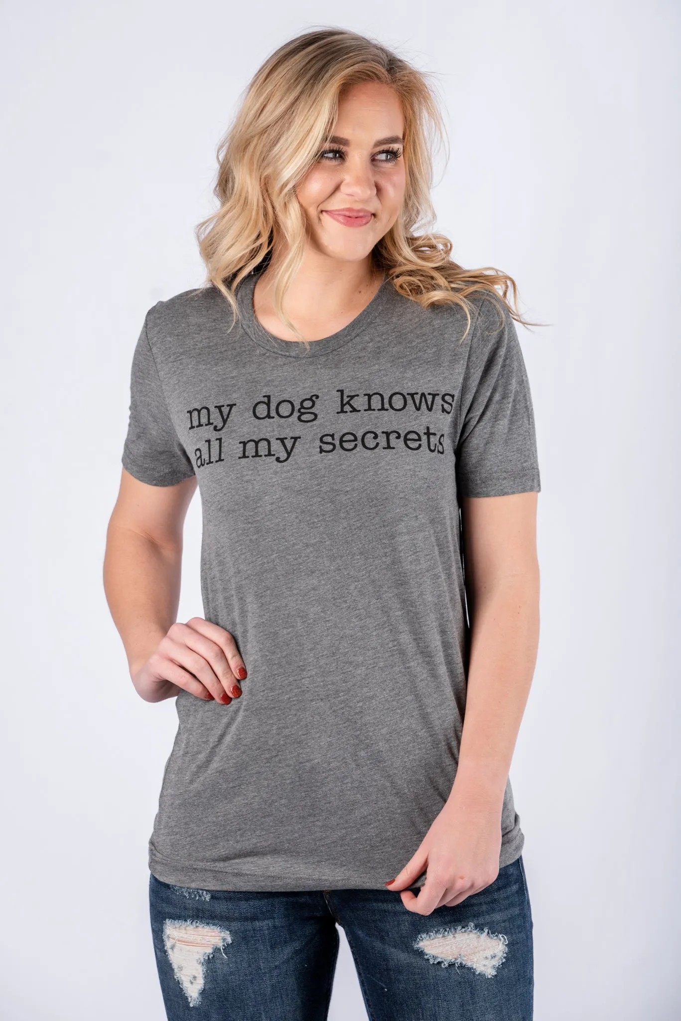 My dog knows all my secrets unisex short sleeve t-shirt grey