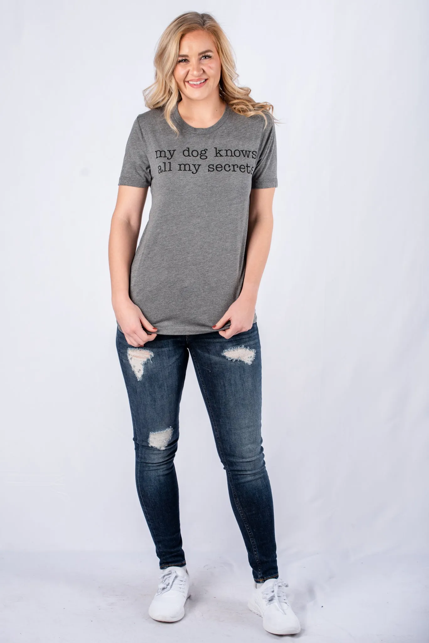 My dog knows all my secrets unisex short sleeve t-shirt grey
