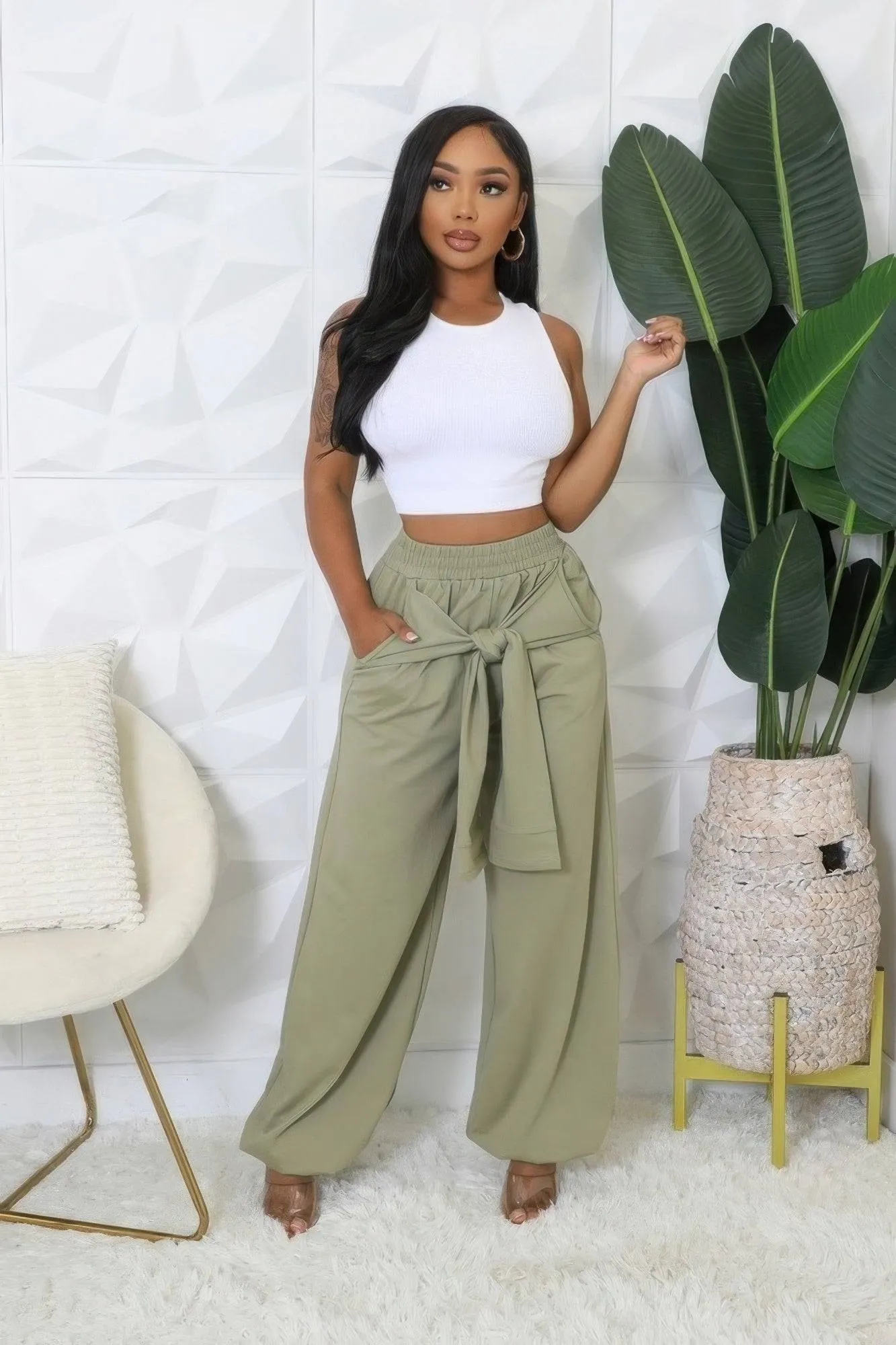 Olive High-waisted Stretch Pants