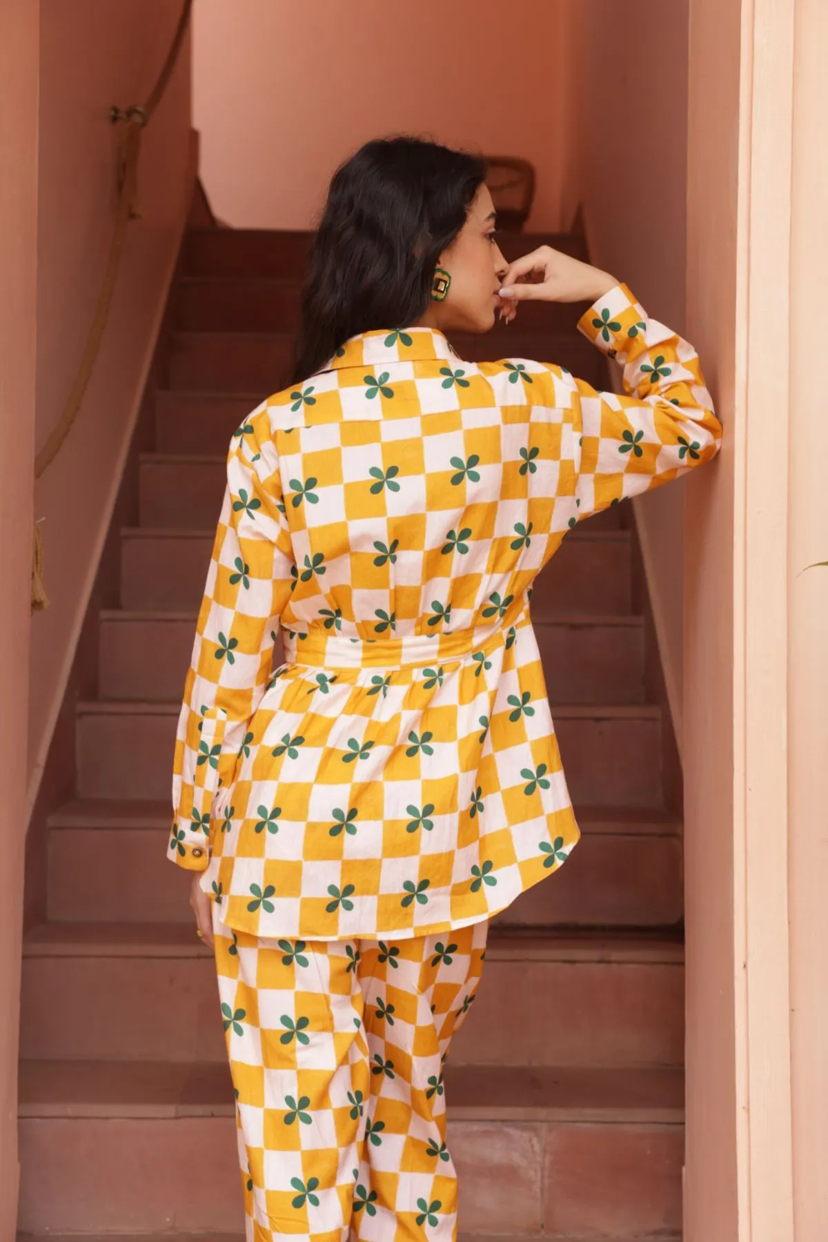 Palm Co-ord Set - Mustard Checks (Set of 2)