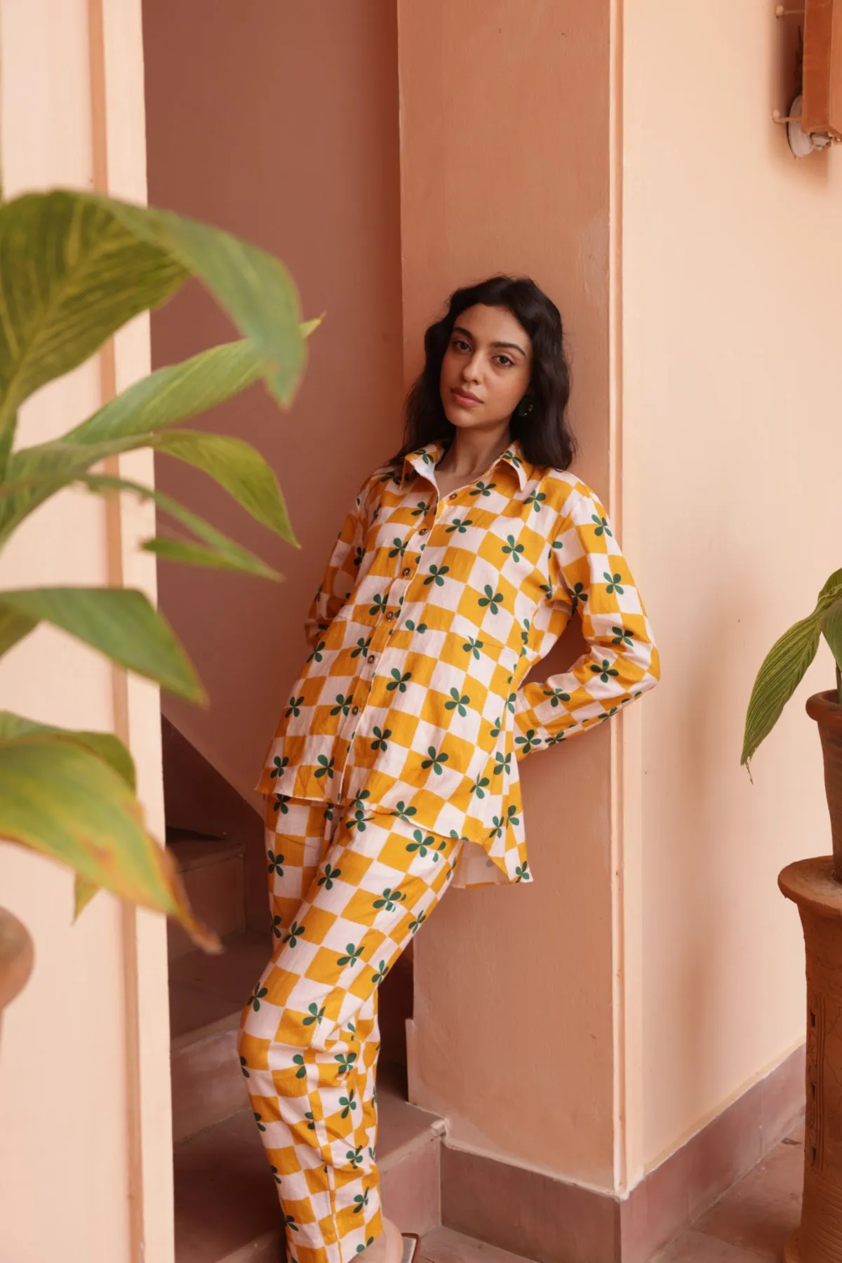 Palm Co-ord Set - Mustard Checks (Set of 2)