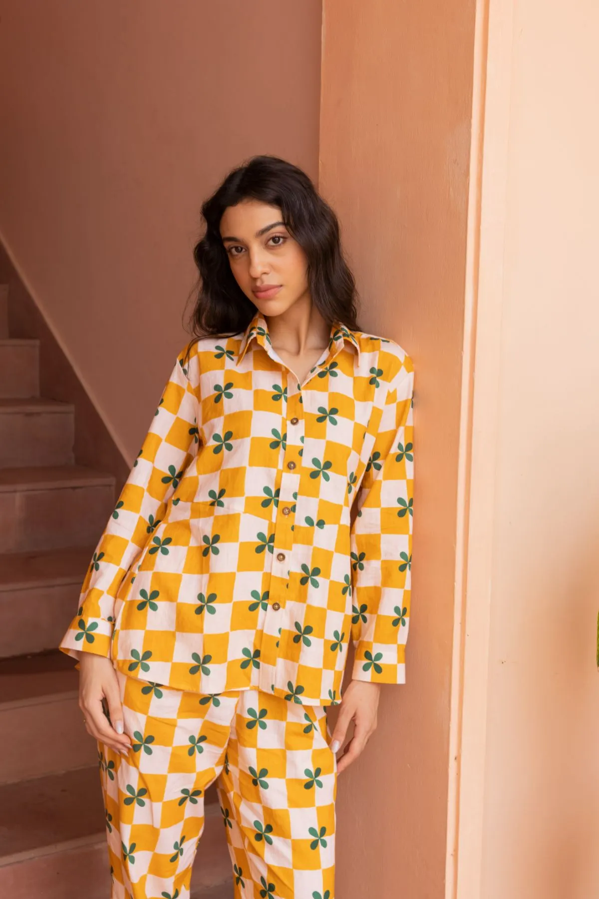Palm Co-ord Set - Mustard Checks (Set of 2)