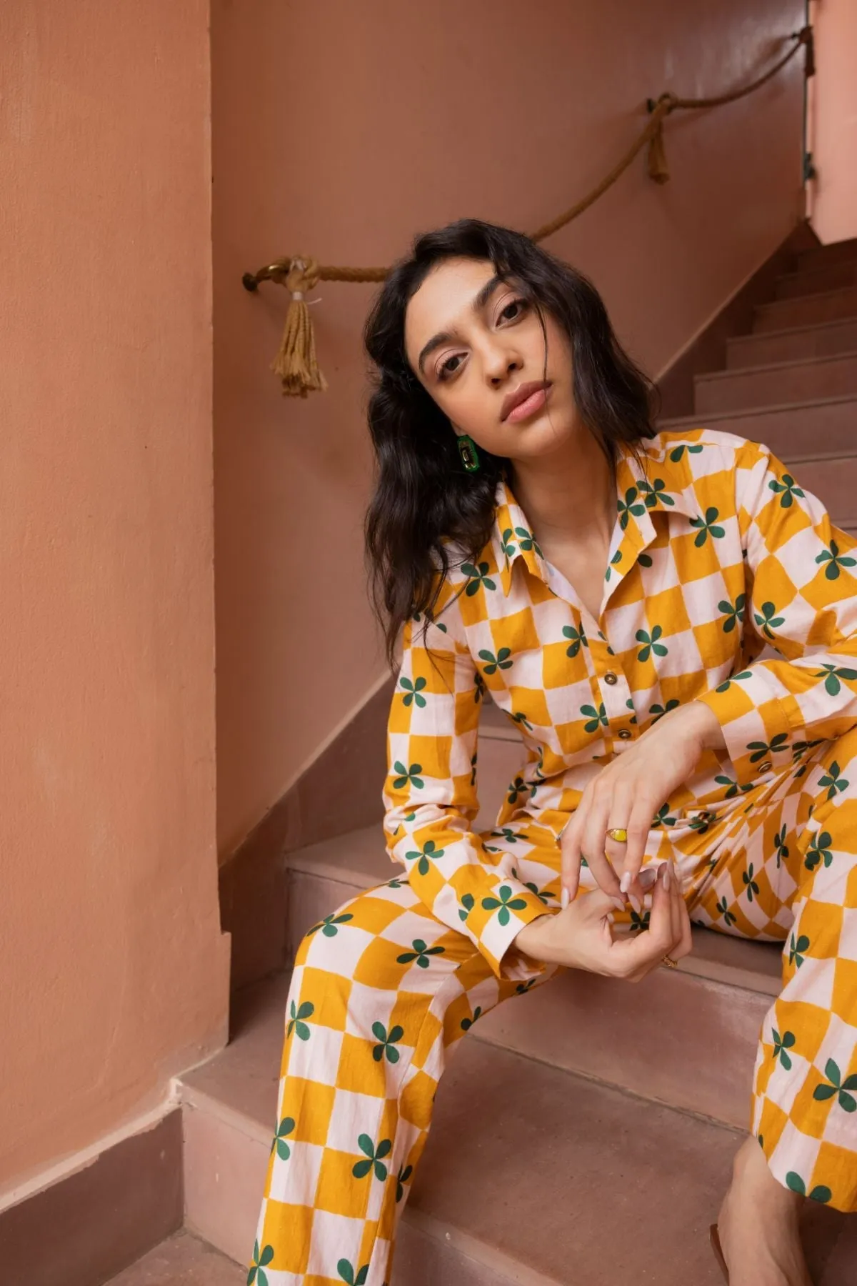 Palm Co-ord Set - Mustard Checks (Set of 2)