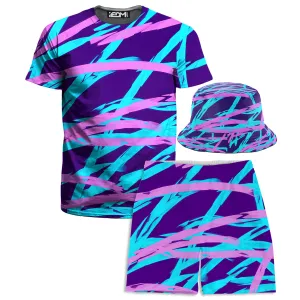 Purple and Blue Rave Abstract T-Shirt and Shorts with Bucket Hat Combo