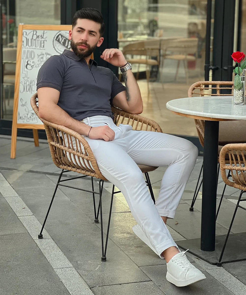 Sleek Silver Men Grey Polo Effortless Style with Bone Pocket
