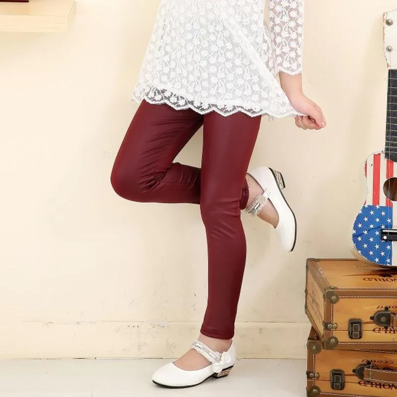 Slim-fit Solid Color Leather Pants Leggings for Kid Girl