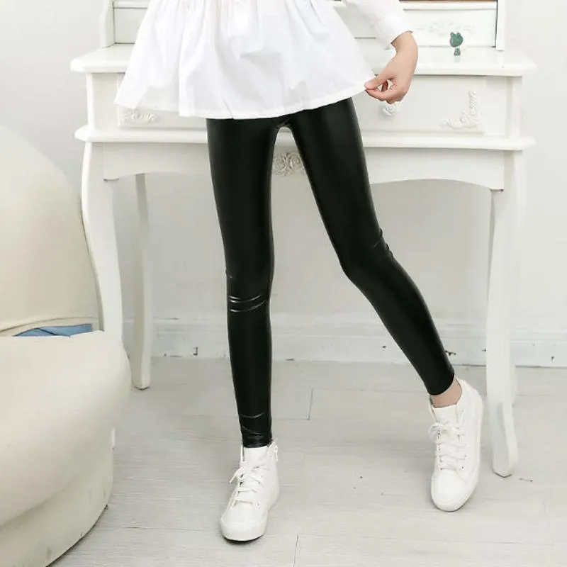 Slim-fit Solid Color Leather Pants Leggings for Kid Girl