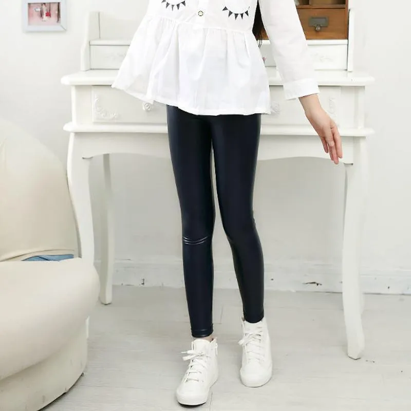 Slim-fit Solid Color Leather Pants Leggings for Kid Girl