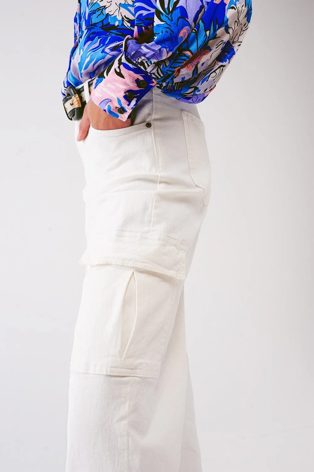 Straight Leg Cargo Jeans In White