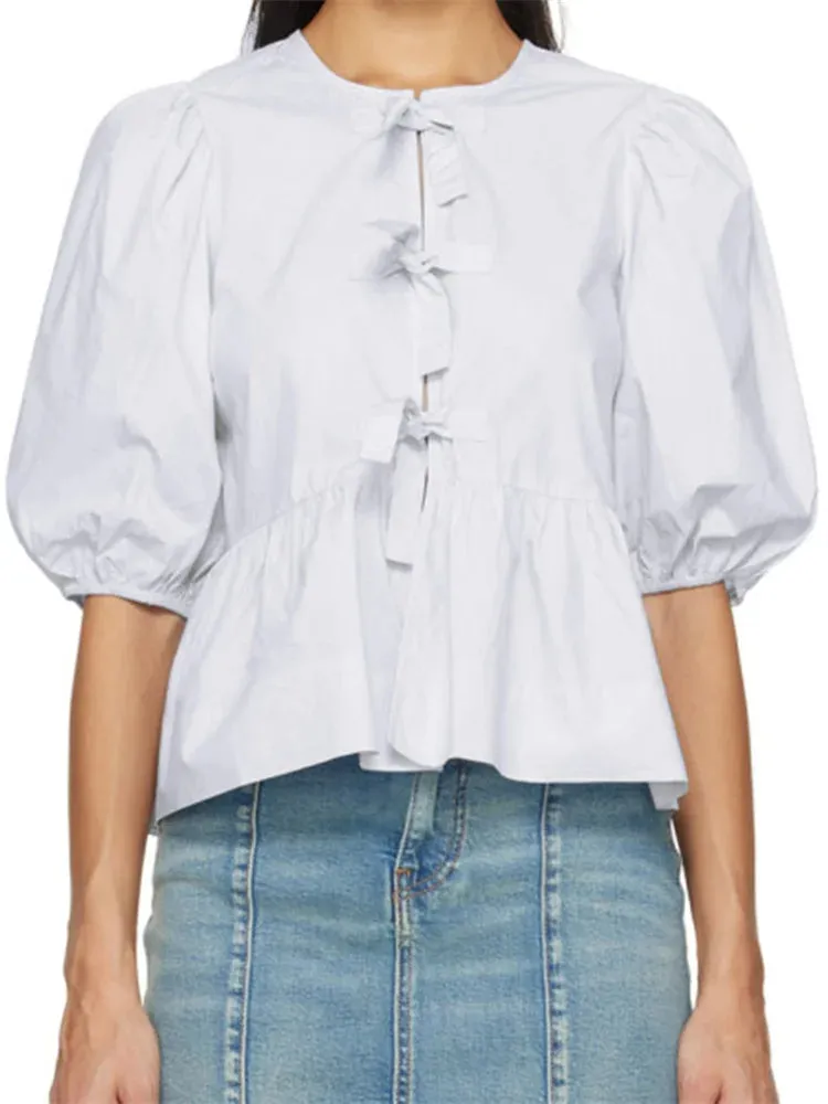 Striped Print Short Puff Sleeve Front Tie-up Crop Top Streetwear Blouse