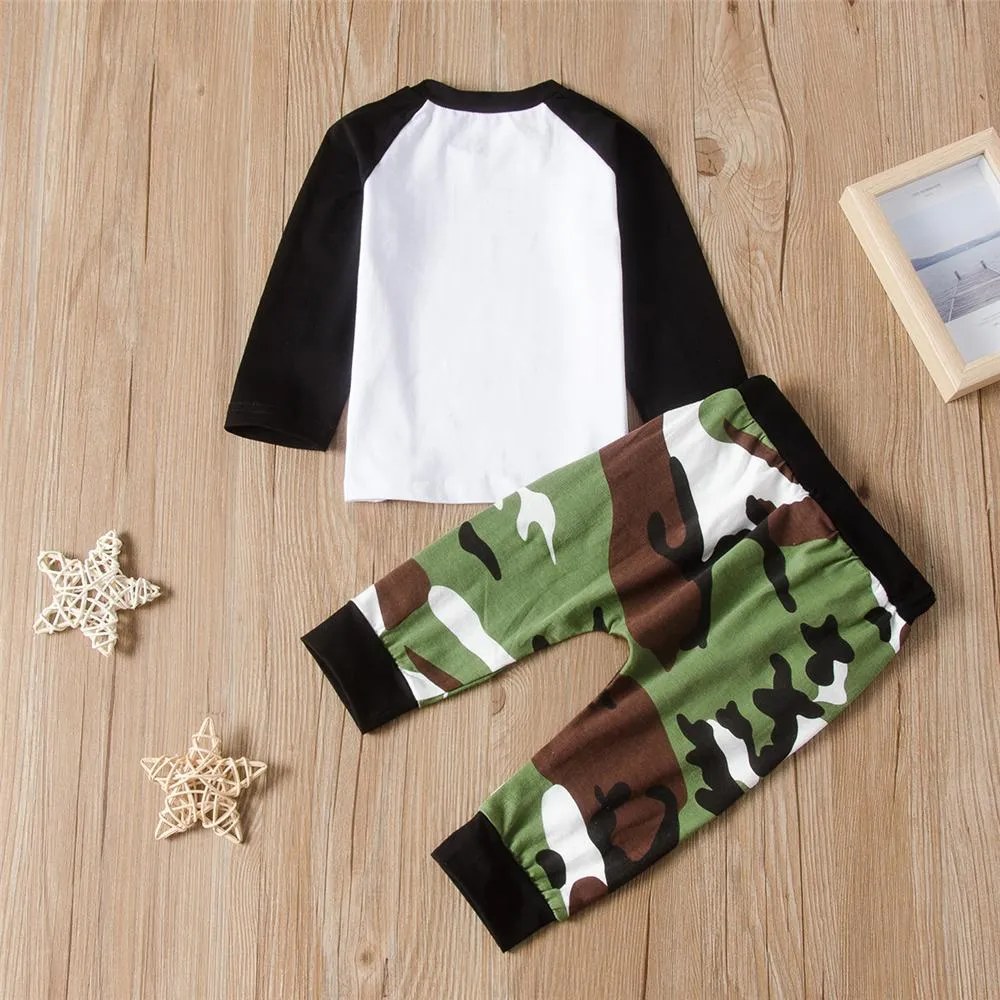 Toddler Boys Letter Long Sleeve Top & Camo Pants Wholesale Boys Suits