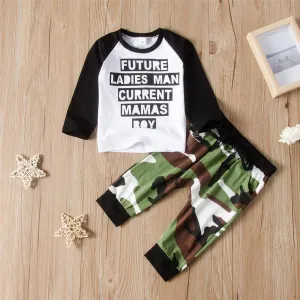 Toddler Boys Letter Long Sleeve Top & Camo Pants Wholesale Boys Suits