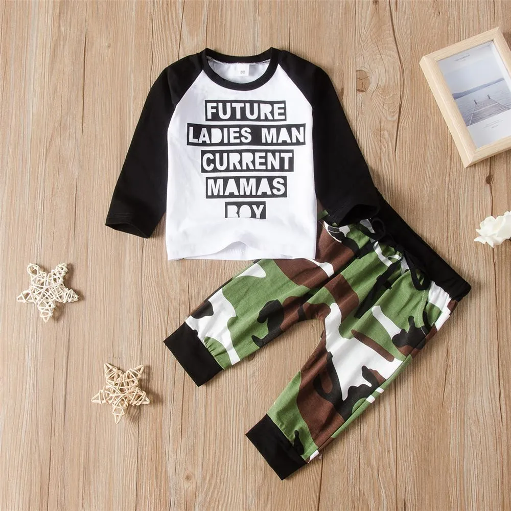 Toddler Boys Letter Long Sleeve Top & Camo Pants Wholesale Boys Suits