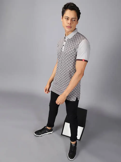 UrGear Printed Men Polo Neck Grey T-Shirt