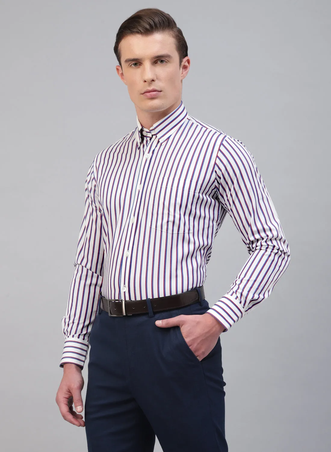 White & Maroon Cotton Button Down Stripe Formal Shirt