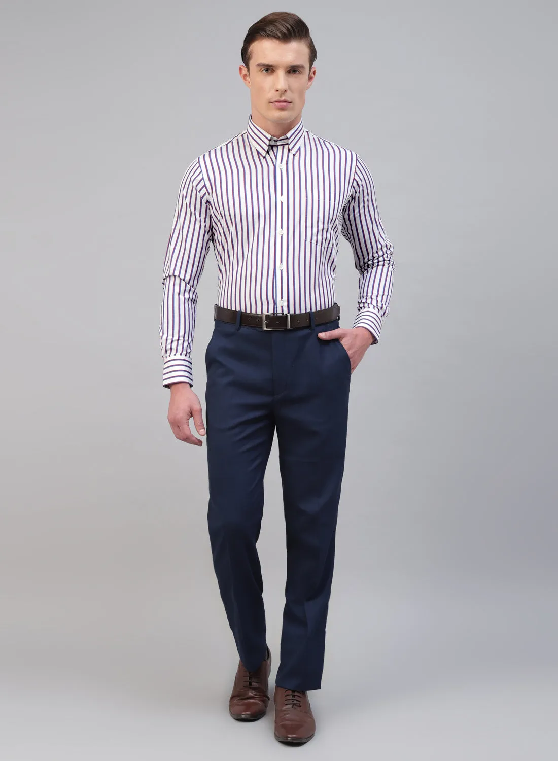 White & Maroon Cotton Button Down Stripe Formal Shirt
