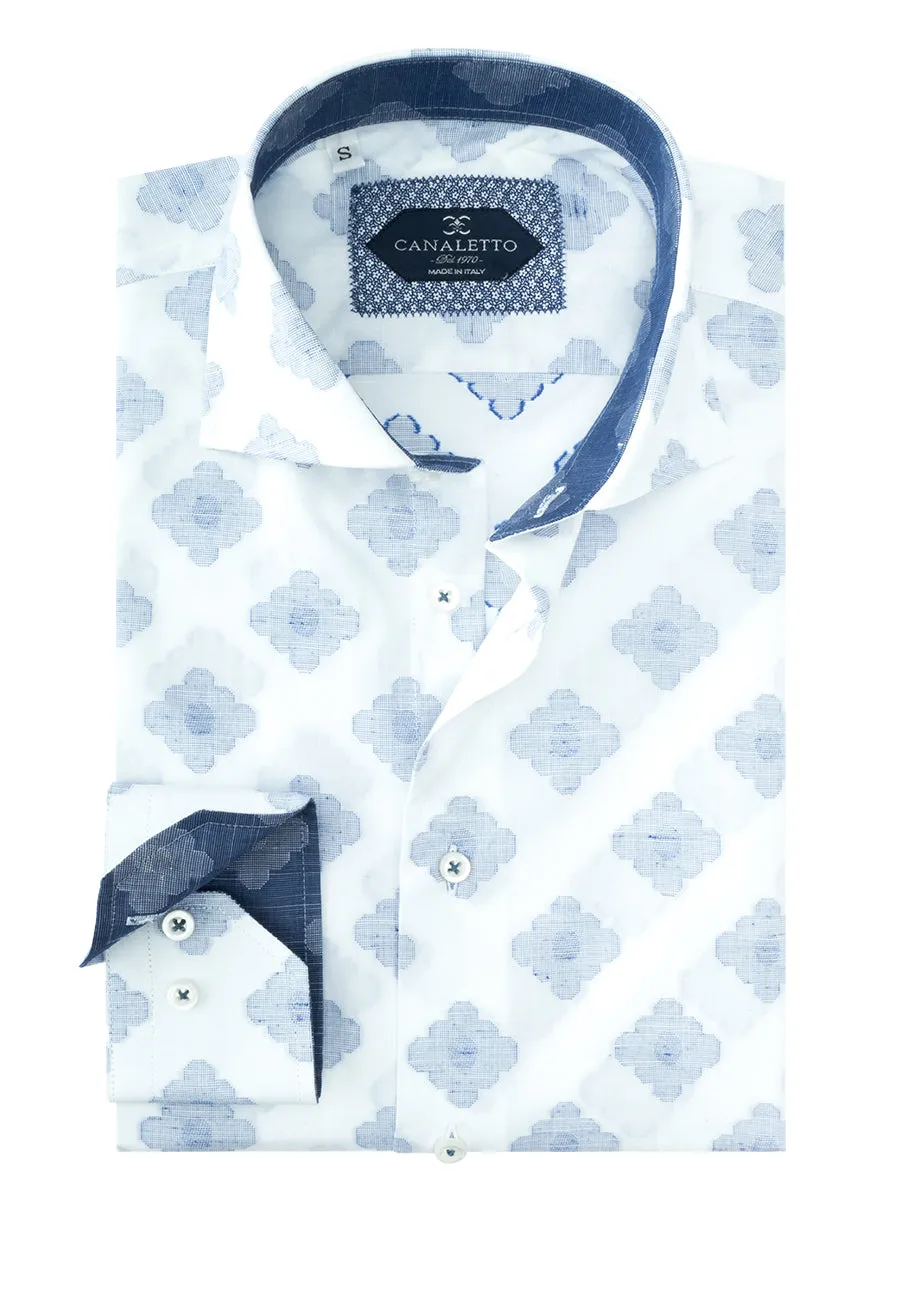 White with Navy Blue Flower-Like Pattern Italian Pure Cotton Sport Shirt by Canaletto Menswear CS1065