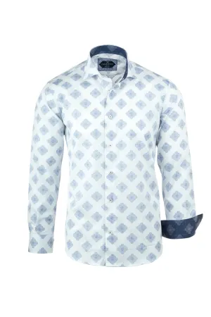 White with Navy Blue Flower-Like Pattern Italian Pure Cotton Sport Shirt by Canaletto Menswear CS1065