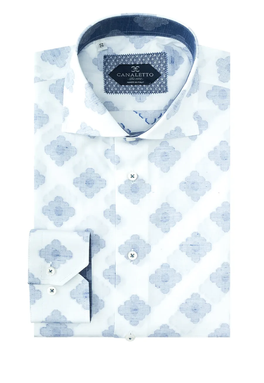White with Navy Blue Flower-Like Pattern Italian Pure Cotton Sport Shirt by Canaletto Menswear CS1065