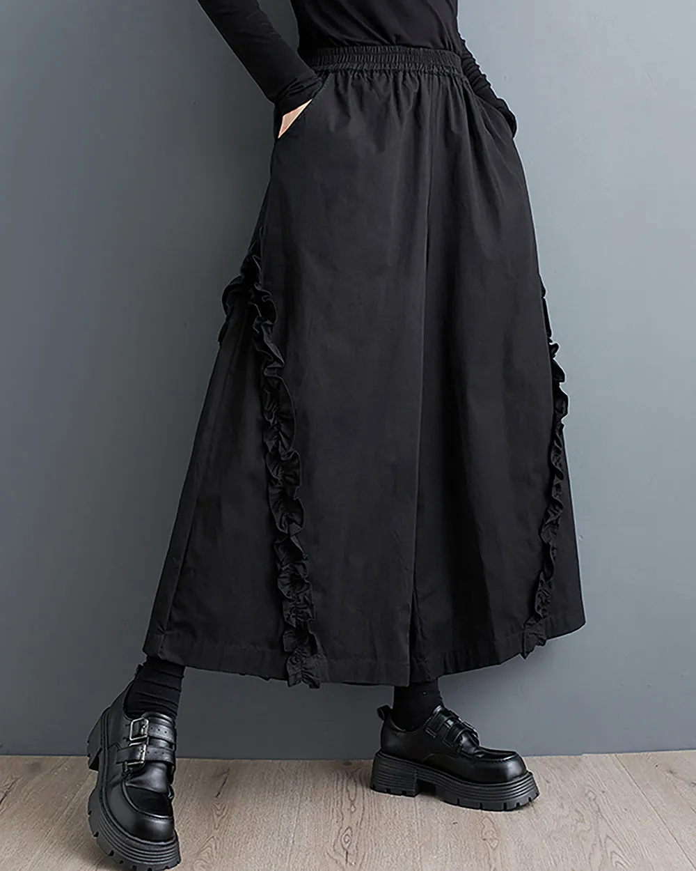 Women's Pants Elastic Two Side Pockets Flowy Hem Solid Color Lace Baggy Below Knee Loose Oversize GZ280