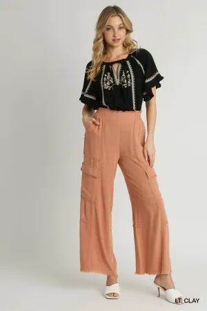 Wren Linen Cargo Pants with Fray Side Pockets In Clay
