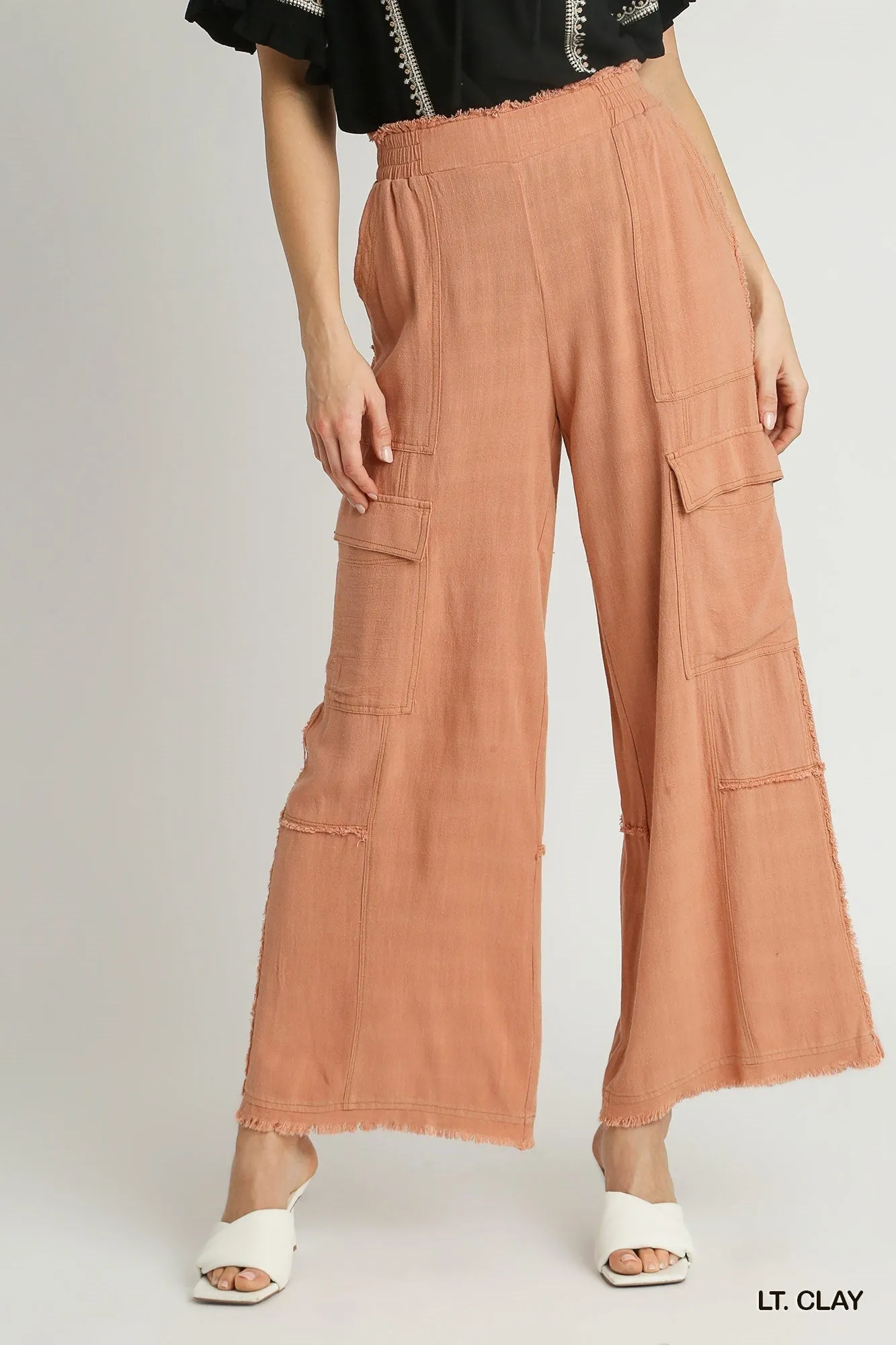 Wren Linen Cargo Pants with Fray Side Pockets In Clay