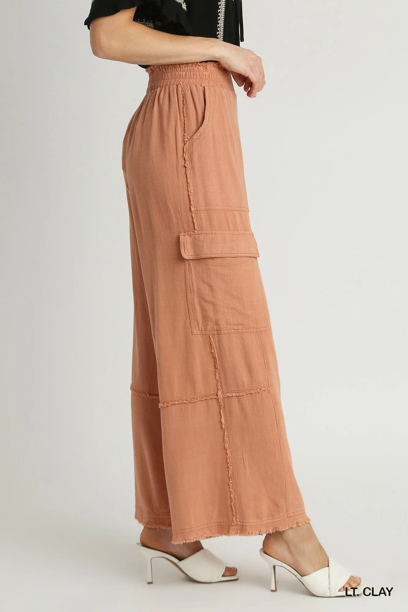 Wren Linen Cargo Pants with Fray Side Pockets In Clay