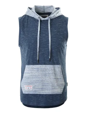 ZIMEGO Men's Color Block Sleeveless Pullover Kangaroo Pocket Workout Hooded Tank - 050